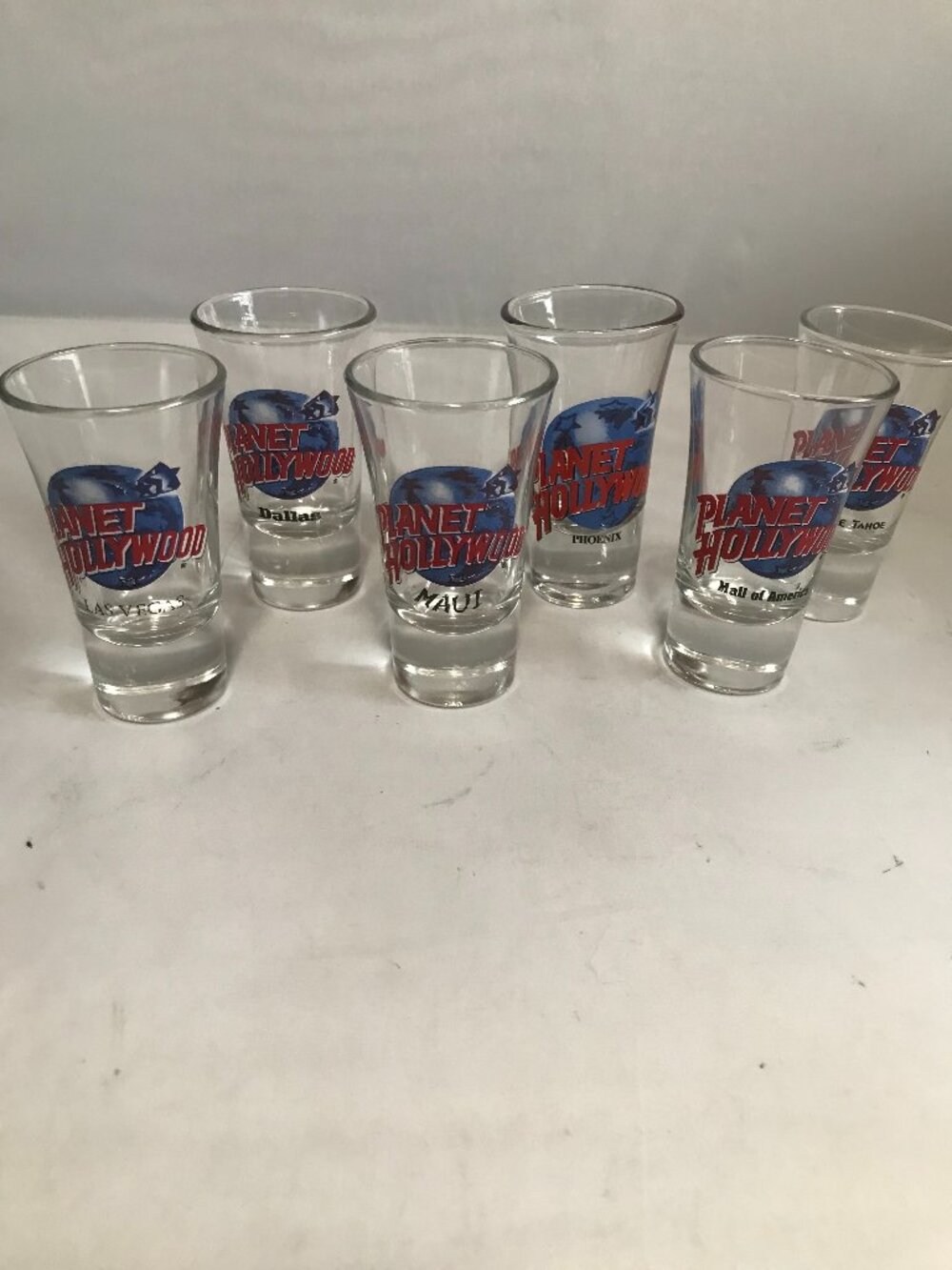 Planet Hollywood Double Shot 2 oz Fluted Shooter Glasses Set of 6 Various locals